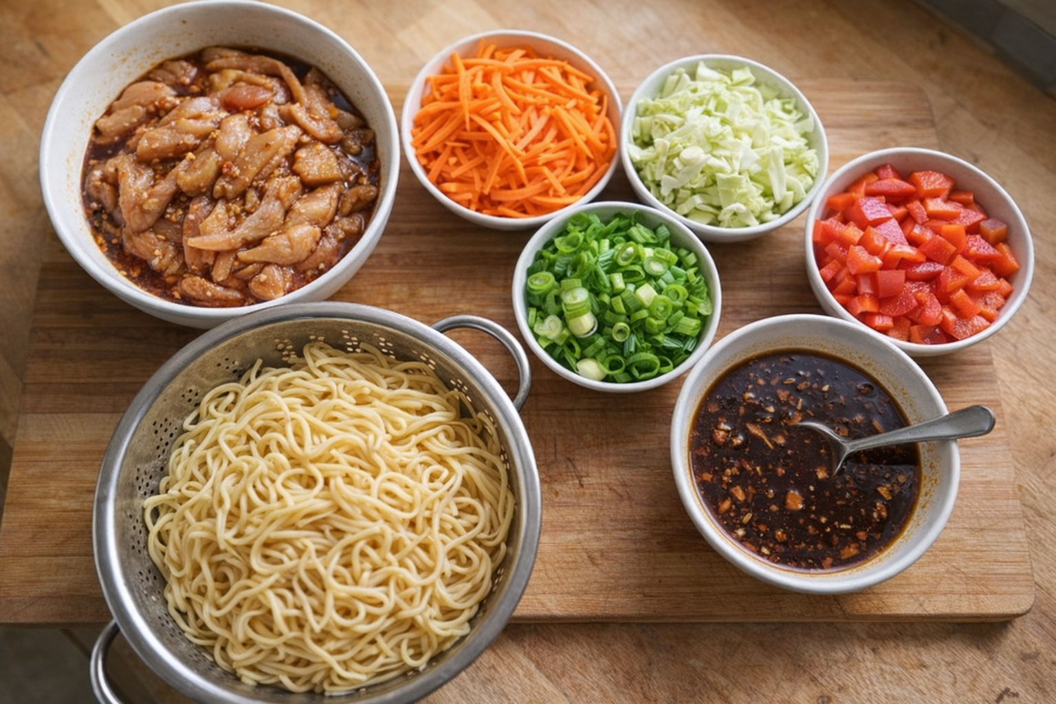 An overhead shot of prepped Chow Mein ingredients: sliced chicken marinating, chopped colorful vegetables in bowls, cooked and drained noodles, and a bowl of mixed sauce, arranged on a wooden cutting board
